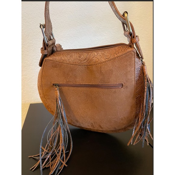 NEW - Western Saddle Shoulder Bag -Fringe -Tooled- Faux Leather/Suede - Picture 8 of 13